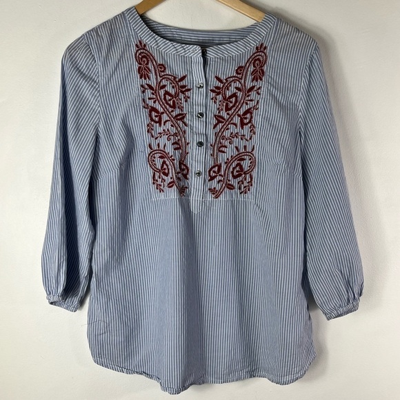 Talbots Embroidered Striped 3/4 Sleeves Blouse - Picture 1 of 6